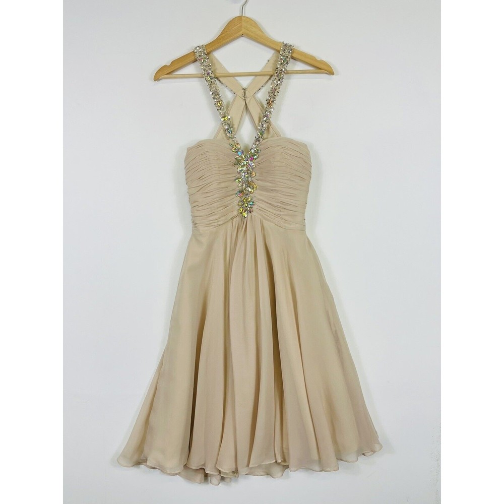 NEW May Queen Couture Dress Womens 8 Beige Chiffon Beaded‎ Sequin Halter Party